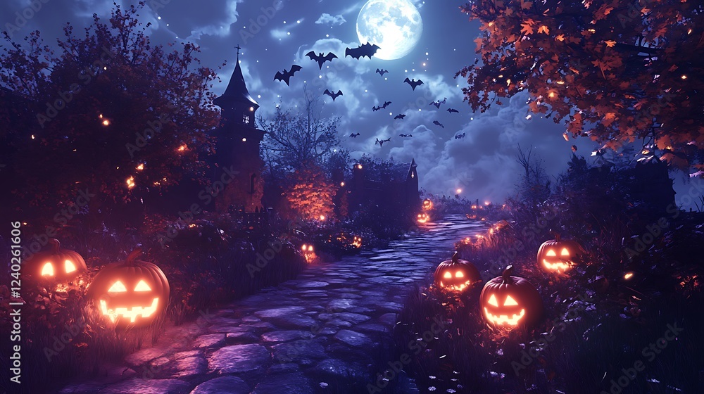 Obraz premium A Cobblestone Path Leading to a Haunted Village on a Halloween Night