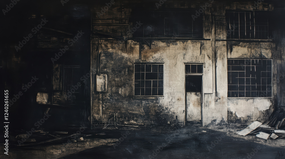 eerie old factory building with scattered debris and dim lighting creates haunting atmosphere. dark, weathered walls and broken windows evoke sense of abandonment and decay eerie old factory building with scattered debris and dim lighting creates haunting atmosphere. dark, weathered walls and broken windows evoke sense of abandonment and decay