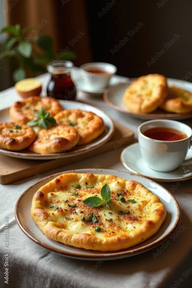 Aromatic Baked Flatbread with Melted Cheese and Fresh Herbs, Served with Tea on a Linen Tablecloth Aromatic Baked Flatbread with Melted Cheese and Fresh Herbs, Served with Tea on a Linen Tablecloth