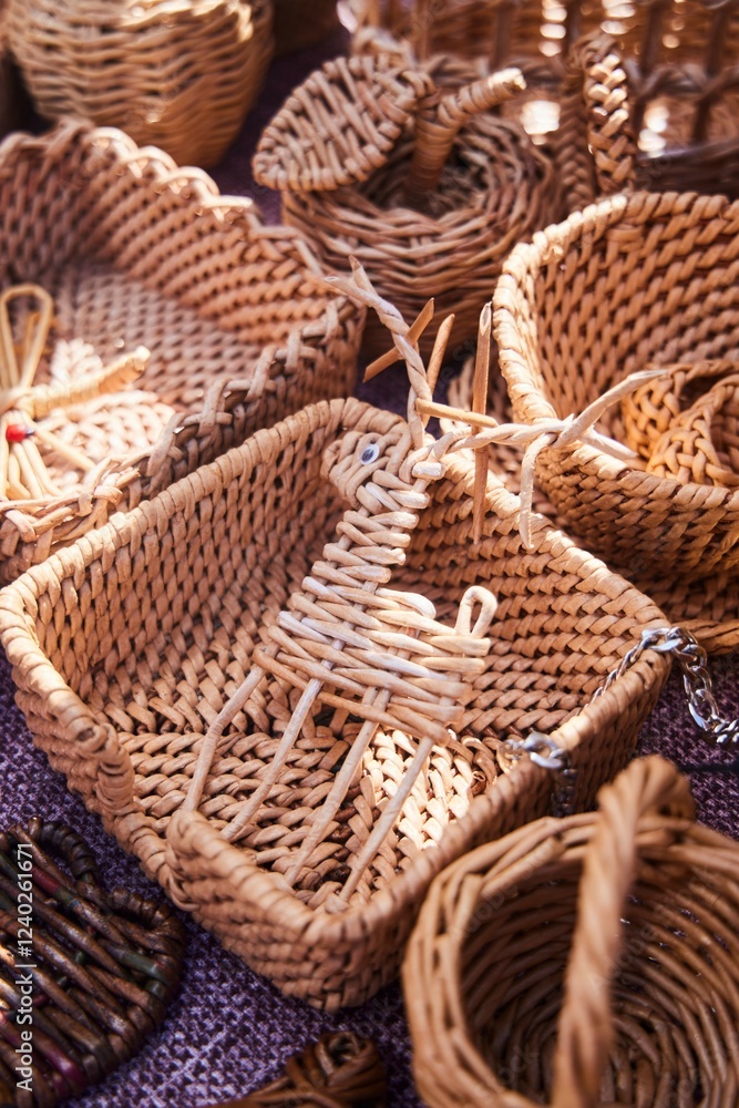 Decorative art. Wicker baskets, toys and decorative items Decorative art. Wicker baskets, toys and decorative items