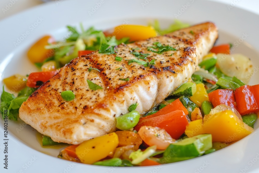 Grilled salmon fillet served on a bed of fresh seasonal vegetables Grilled salmon fillet served on a bed of fresh seasonal vegetables