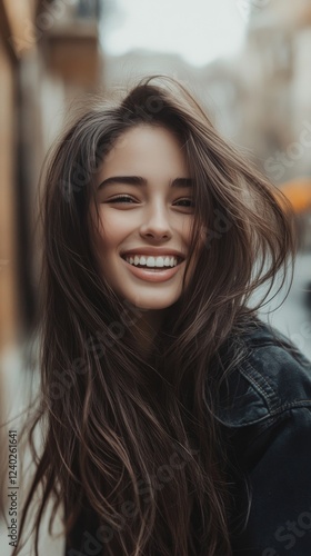 Joyful young woman smiling outdoors with wind-swept hair on a cloudy day