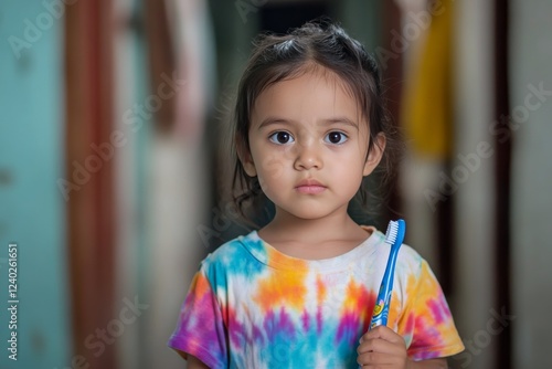 Little girl holding a toothbrush in colorful tie-dye shirt in a hallway