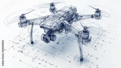 Innovative drone design concept in detailed wireframe sketch for engineering projects