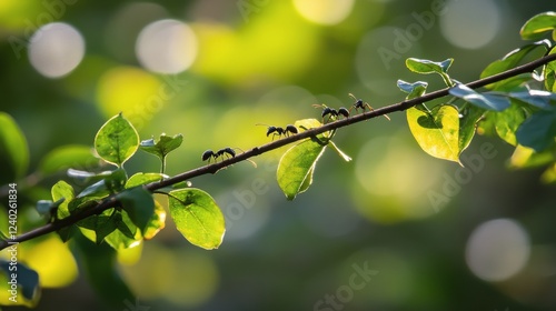 Ants gathering on a branch with green berries during sunset in a lush environ...