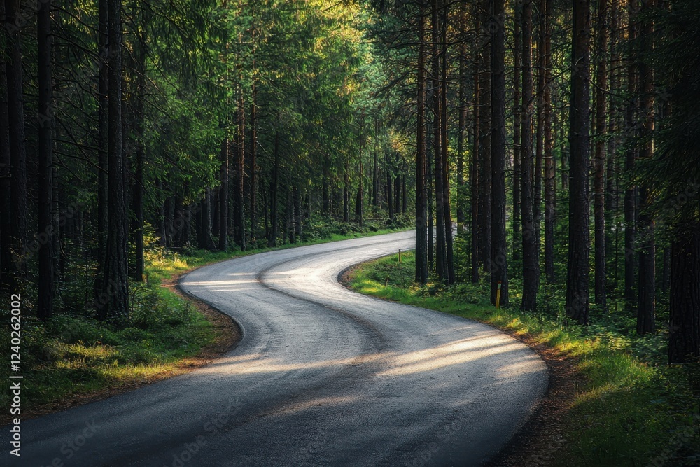 Fototapeta premium A winding road meanders through a serene forest, surrounded by lush greenery and tall trees, offering a peaceful escape into nature.