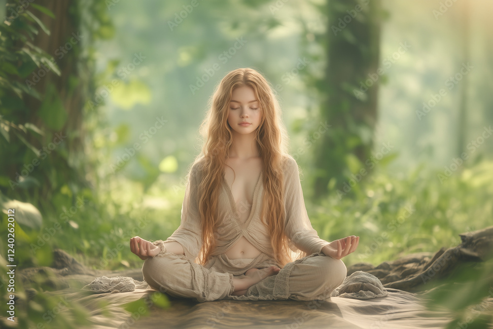 custom made wallpaper toronto digital自然光あふれる森林で瞑想する美しい女性のウェルネスセッション