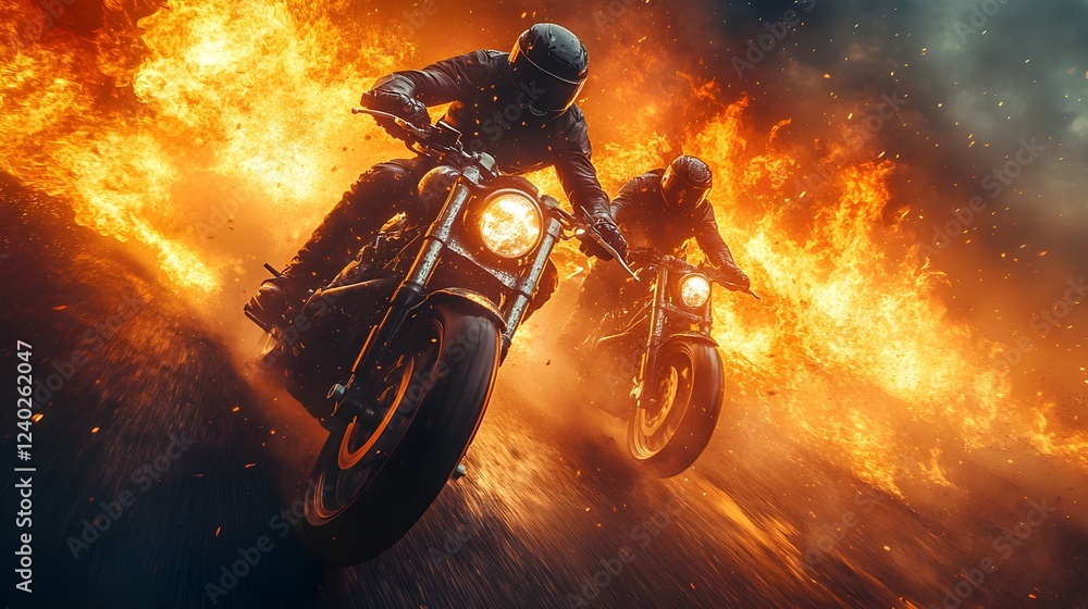 photo of a motorcyclist with flames in the background photo of a motorcyclist with flames in the background