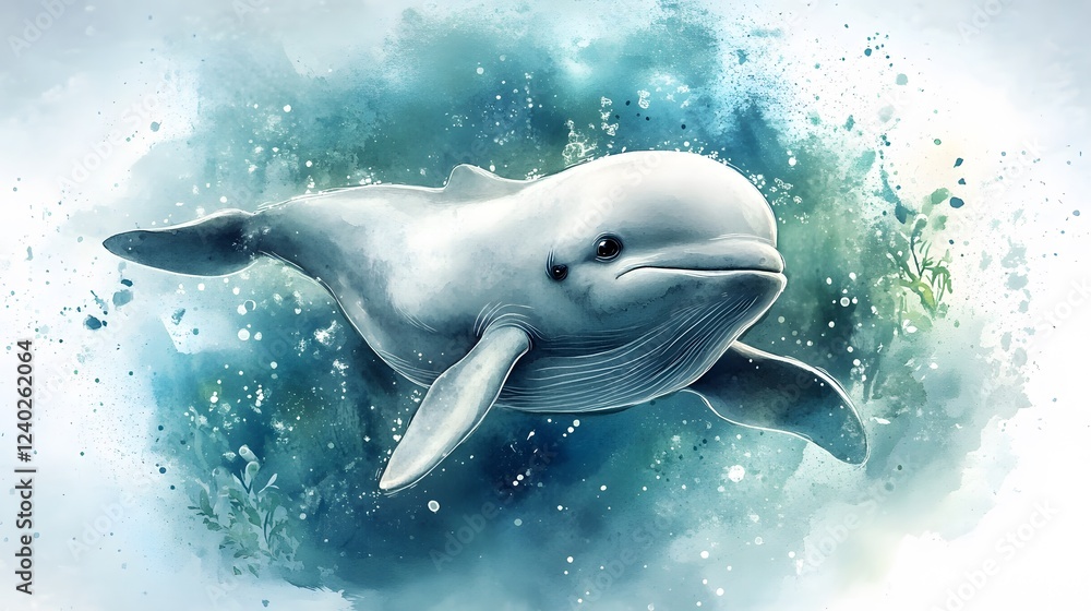 Naklejka premium Watercolor Painting of a Baby Baiji Dolphin Swimming
