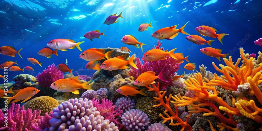 Fototapeta Vibrant Coral Reef with Tropical Fish Under Clear Blue Ocean