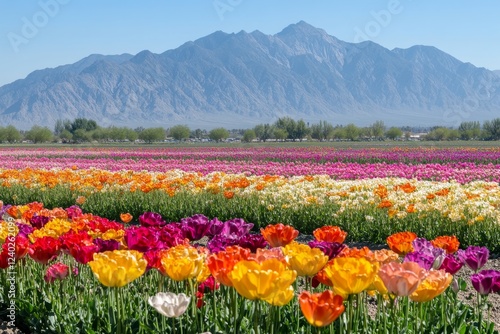 Fototapeta Naklejka Na Ścianę i Meble -  Colorful flower field with mountains in the background under a bright blue sky during daytime