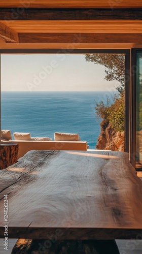 Relaxing wooden table with a view of the turquoise ocean under a clear blue sky