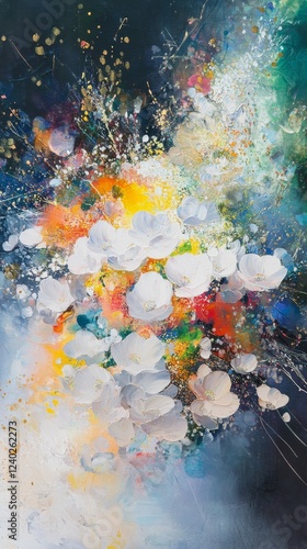 Colorful abstract artwork with swirling shapes in various hues displayed in a...