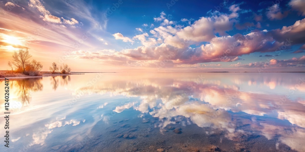 Fototapeta premium Serene Sunset Reflection Tranquil Waters Mirror a Vibrant Sky with Pastel Clouds and Silhouetted Trees