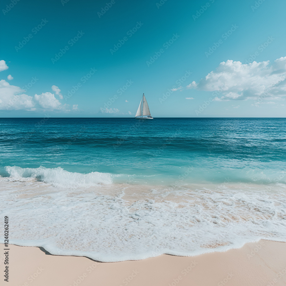 Obraz premium Serene Sailing: A lone sailboat gracefully navigates across the vast ocean, leaving a trail in the pristine waters. capturing the essence of summer serenity.