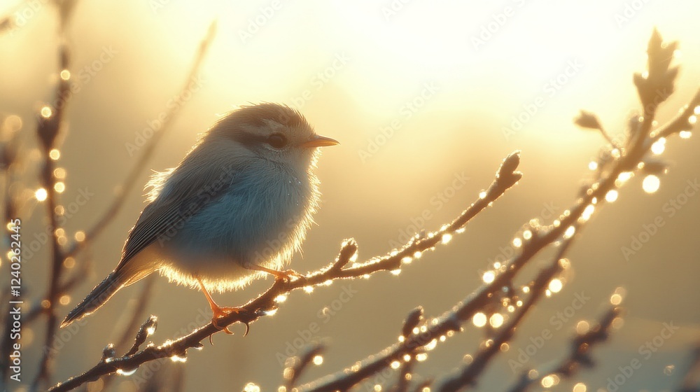 Small bird perched on a branch with sparkling dew in a soft golden light at dawn Small bird perched on a branch with sparkling dew in a soft golden light at dawn