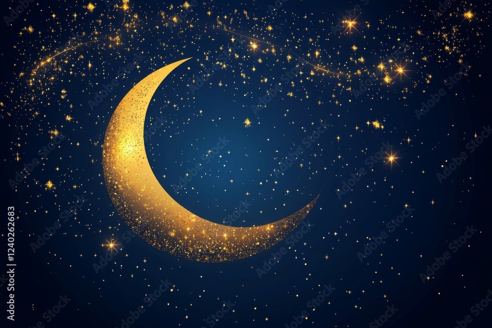 Golden Crescent Moon Night Sky: Celestial Sparkle and Mystical Serenity Golden Crescent Moon Night Sky: Celestial Sparkle and Mystical Serenity
