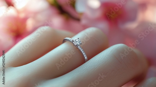 Beautiful pink engagement ring showcased among fresh flowers in soft sunlight