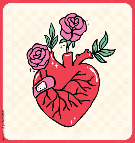 Retro Valentine Heart Organ with rose flower Nostalgic Illustration Wavy Hand Drawn Vibrant and Bold Style