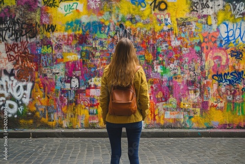 Colorful graffiti wall in urban setting inspires creativity in young traveler with backpack photo