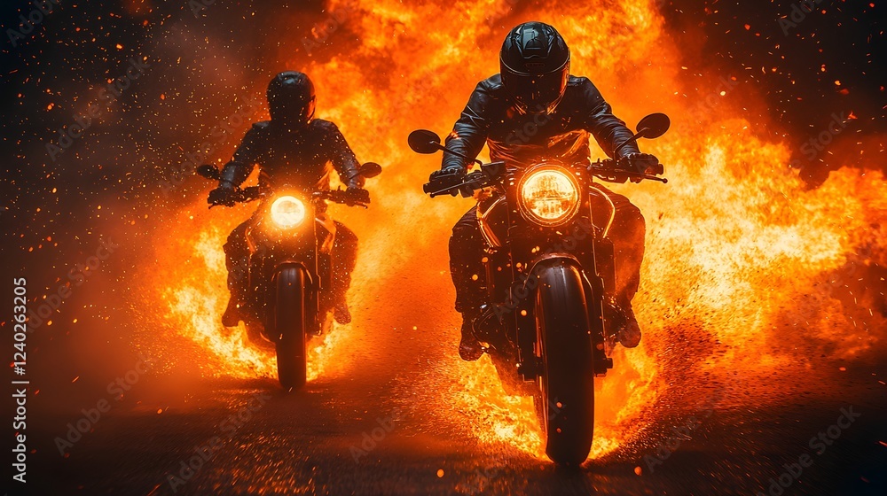 photo of a motorcyclist with flames in the background photo of a motorcyclist with flames in the background