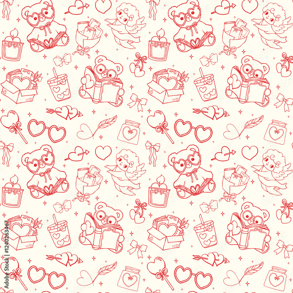 Retro Valentine Bookish Seamless Pattern Wavy Squiggle Outline Hand Drawn Isolated on Background. Retro Valentine Bookish Seamless Pattern Wavy Squiggle Outline Hand Drawn Isolated on Background.