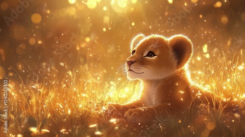 Young lion cub basking in golden sunlight amidst sparkling grass at twilight