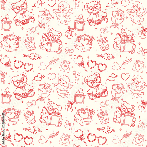 Retro Valentine Bookish Seamless Pattern Wavy Squiggle Outline Hand Drawn Isolated on Background.