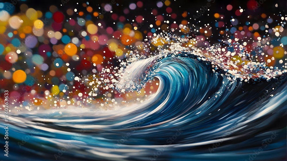 Vibrant Ocean Wave with Colorful Bokeh Background Vibrant Ocean Wave with Colorful Bokeh Background