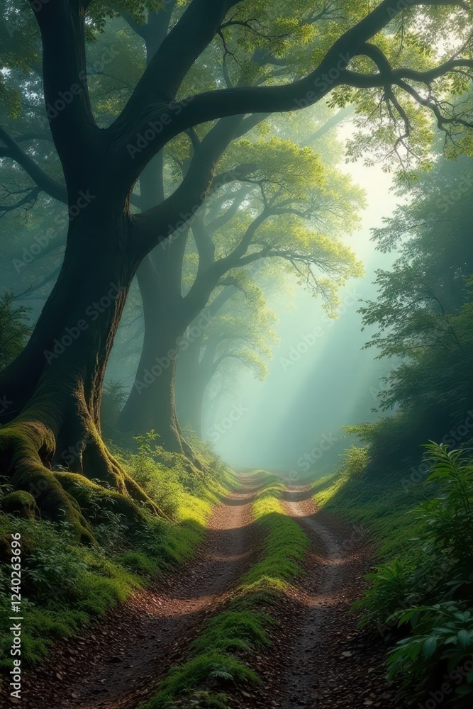 Mystical Forest Path Sunlit Trail Through Ancient Trees, Mossy Ground, and Verdant Undergrowth Mystical Forest Path Sunlit Trail Through Ancient Trees, Mossy Ground, and Verdant Undergrowth