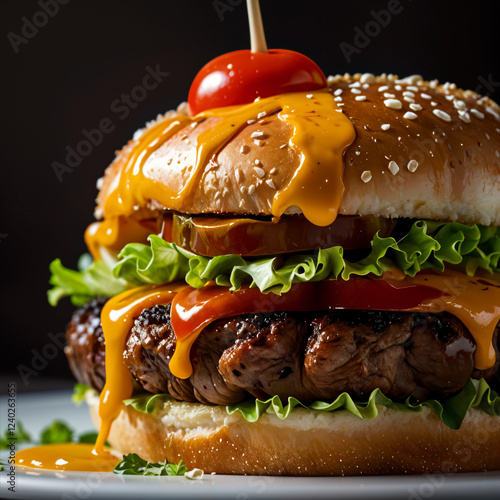 Cheeseburger with dripping melted cheddar, fresh lettuce, and cherry tomatoes on a sesame bun, served on a plate.