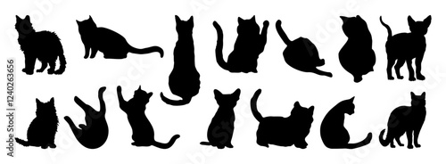 Set of black cat silhouettes in various poses. Scene is playful and whimsical, as the cats appear to be engaged in different activities such as playing, stretching. Flat vector illustration isolated 
