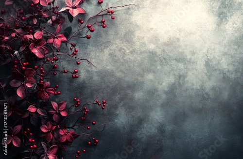 Decorative arrangement of red leaves and berries on textured background for s...