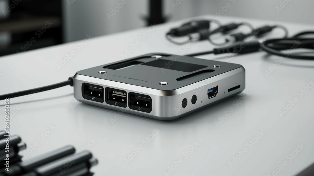 Sleek universal charger with multiple ports on a minimalist white surface, showcasing versatility and modern design for efficient device charging solutions. Sleek universal charger with multiple ports on a minimalist white surface, showcasing versatility and modern design for efficient device charging solutions.