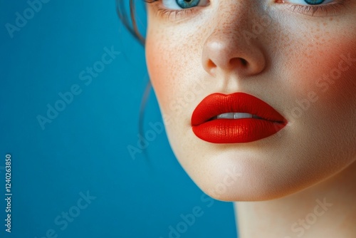 Bright red lipstick placed on a textured teal background for a fashion shoot