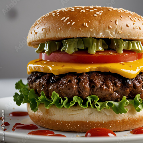 Classic cheeseburger with melted cheese, fresh lettuce, and tomato on a sesame seed bun, drizzled with ketchup on a white plate.