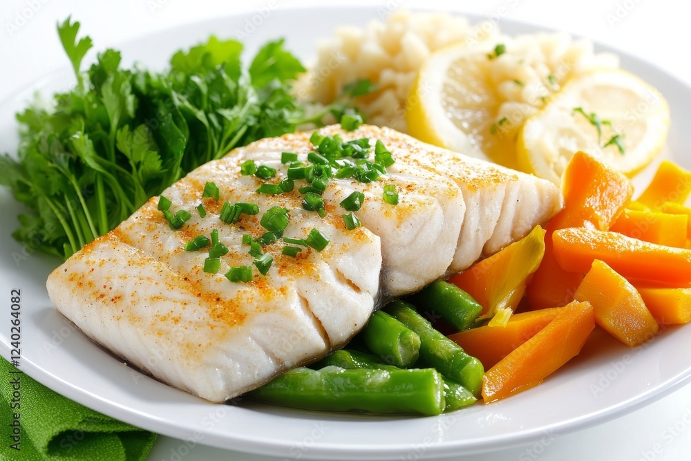 Grilled salmon fillet served on a bed of fresh seasonal vegetables Grilled salmon fillet served on a bed of fresh seasonal vegetables