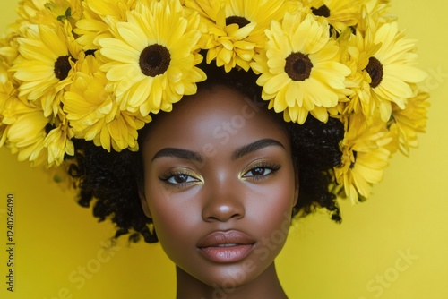 Vibrant portrait of a woman with a flower crown and golden makeup against a b...