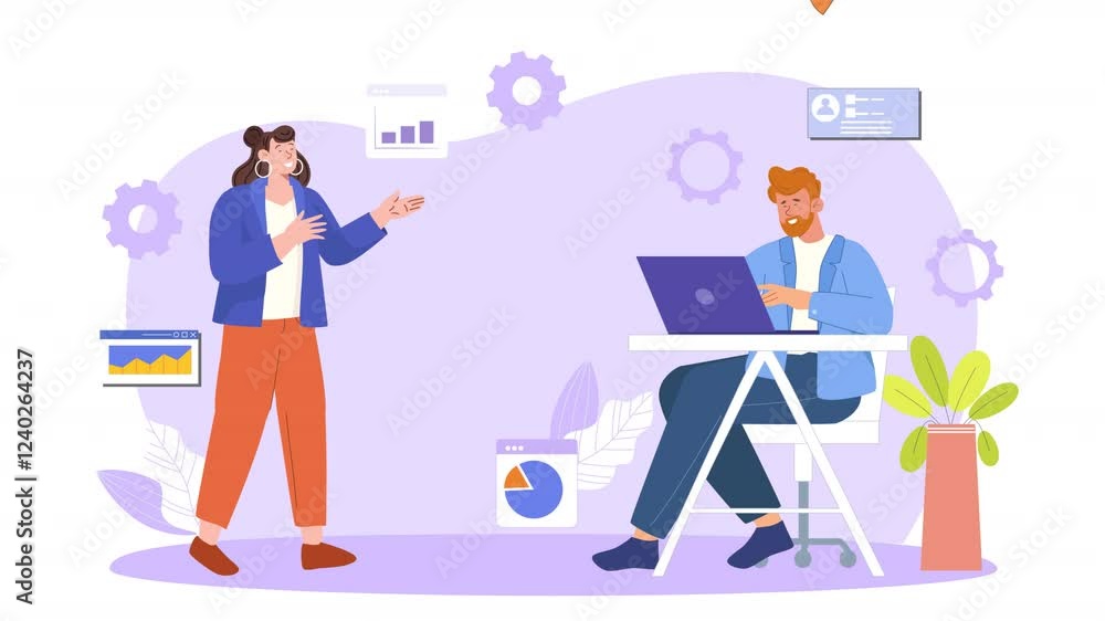 Flat style design animation depicting the startup process, with visuals of brainstorming sessions, market research, business development, and final execution. Flat style design animation depicting the startup process, with visuals of brainstorming sessions, market research, business development, and final execution.