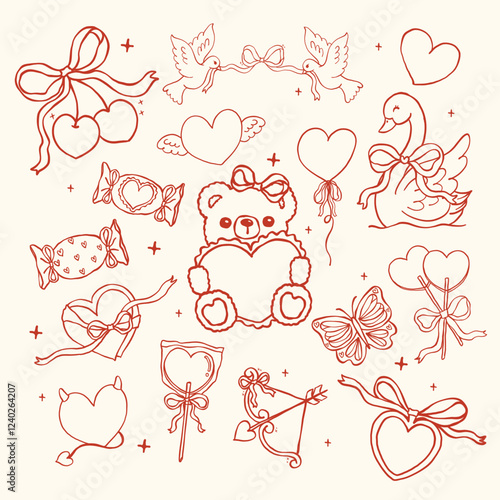 Retro Valentine Nostalgic Element Outline Illustration set Wavy Hand Drawn Vibrant and Bold Style