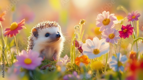 Cute hedgehog exploring a colorful flower garden during a sunny afternoon