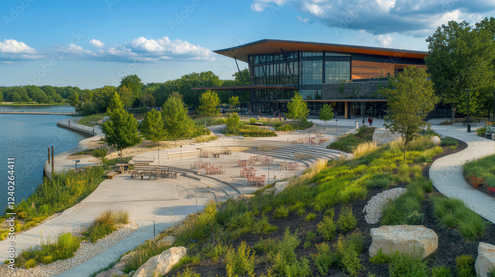 Fototapeta premium scenic riverfront view featuring modern architecture, lush greenery, and recreational spaces. area includes seating arrangements and pathways, creating serene atmosphere