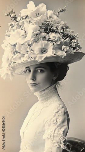 Elegant woman wearing a floral hat posing gracefully in a soft pastel setting