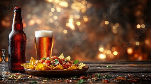 Enjoying crispy nachos and a cold beverage at a cozy restaurant in the evening