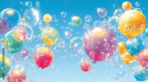 Colorful balloons and bubbles floating against a clear blue sky during a fest...