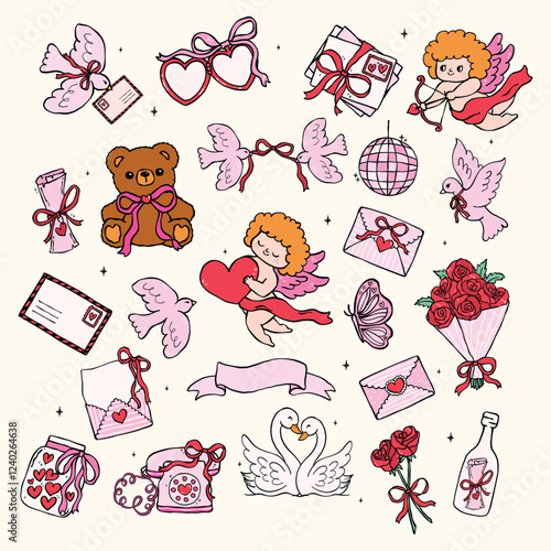 Retro Valentine Nostalgic element set Illustration in a Wavy Hand Drawn Style Vibrant and Playful