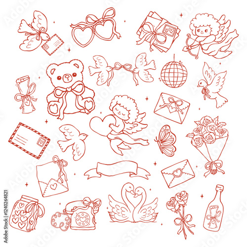 Retro Valentine Nostalgic Element Outline set Illustration in a Wavy Hand Drawn Style Bold and Playful