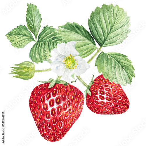 Strawberry Watercolor illustration, strawberry bushes with green leaves and white flowers