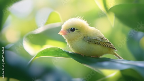 Small yellow bird perched on green leaves in a sunny environment during sprin...