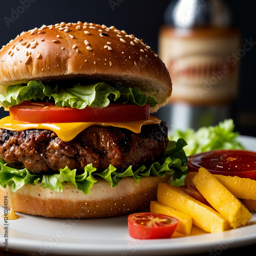 Juicy cheeseburger with lettuce, tomato, and melted cheese served with crispy fries on a white plate.